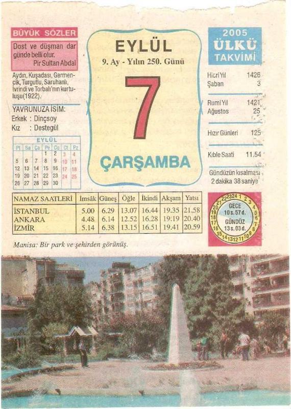 7 Eylül 2005 tarihli orijinal Ülkü Takvimi yaprağı